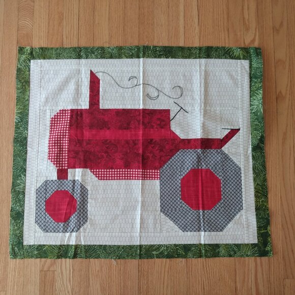 Quilted Farm Tractor Quilt Block Fabric Panel Red Green Pillow Cover Wallhanging - Picture 3 of 13